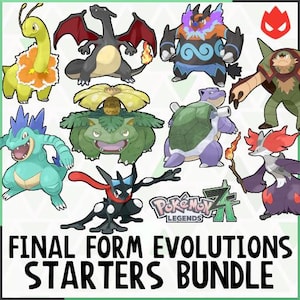May include: A collection of colorful final form evolution starter characters from the Pokemon Legends Z game. The image includes the text "FINAL FORM EVOLUTIONS STARTERS BUNDLE" and the Pokemon Legends Z logo.