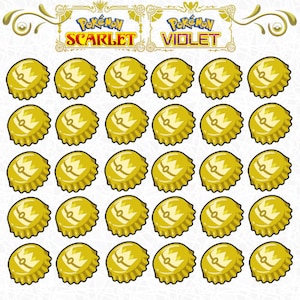May include: A grid of 25 gold bottle caps with a crown design. The bottle caps are arranged in five rows of five. The words "Pokémon Scarlet" and "Pokémon Violet" are at the top of the image.