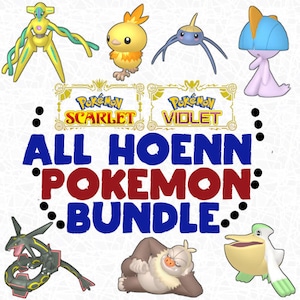 Könnte beinhalten: Ein digitales Download-Paket aller Hoenn-Pokémon für die Videospiele Pokémon Karmesin und Purpur. Das Bild zeigt verschiedene Pokémon aus der Hoenn-Region, darunter ein gelbes und oranges Tortel, ein blaues und weißes Gardevoir und ein grünes und schwarzes Sceptile.