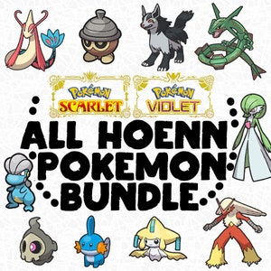 Könnte beinhalten: Ein farbenfrohes Bild mit Pokémon-Charakteren aus der Hoenn-Region. Das Bild enthält den Text "All Hoenn Pokemon Bundle" und die Logos für Pokémon Karmesin und Purpur.