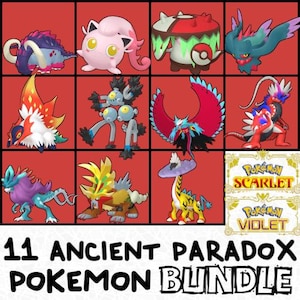 Puede incluir: Imagen de once Pokémon con diseños variados sobre un fondo rojo. Incluye el texto "11 Ancient Paradox Pokemon Bundle" y los logotipos de "Pokemon Scarlet" y "Pokemon Violet".