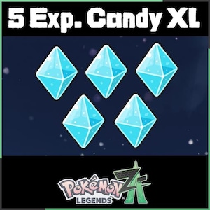 May include: An image featuring five blue diamond-shaped candies with a sparkling effect. The text "5 Exp. Candy XL" is at the top, and the "Pokémon Legends Z-A" logo is at the bottom, all set against a dark blue background.