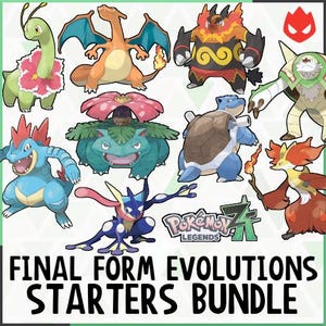May include: A collection of colorful Pokémon characters, including Charizard, Venusaur, and Blastoise, are featured in this image. The text "FINAL FORM EVOLUTIONS STARTERS BUNDLE" and "Pokémon Legends" are also visible. The image has a white background with green accents.