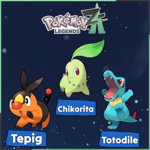 Puede incluir: Ilustración con tres personajes Pokémon: Tepig, Chikorita y Totodile. Tepig es naranja y negro, Chikorita es verde y Totodile es azul. El logo de Pokémon Legends Z está en la parte superior. Cada personaje tiene una placa de identificación.