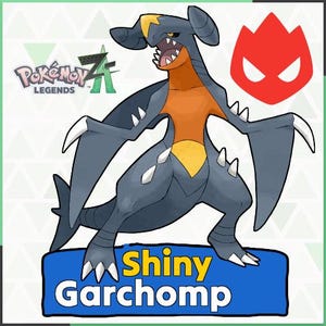 May include: A digital illustration of a Shiny Garchomp, a dragon-like creature in shades of grey and orange, with sharp teeth and claws. The image features the text "Shiny Garchomp" on a blue banner, plus the "Pokémon Legends" logo and a red emblem.