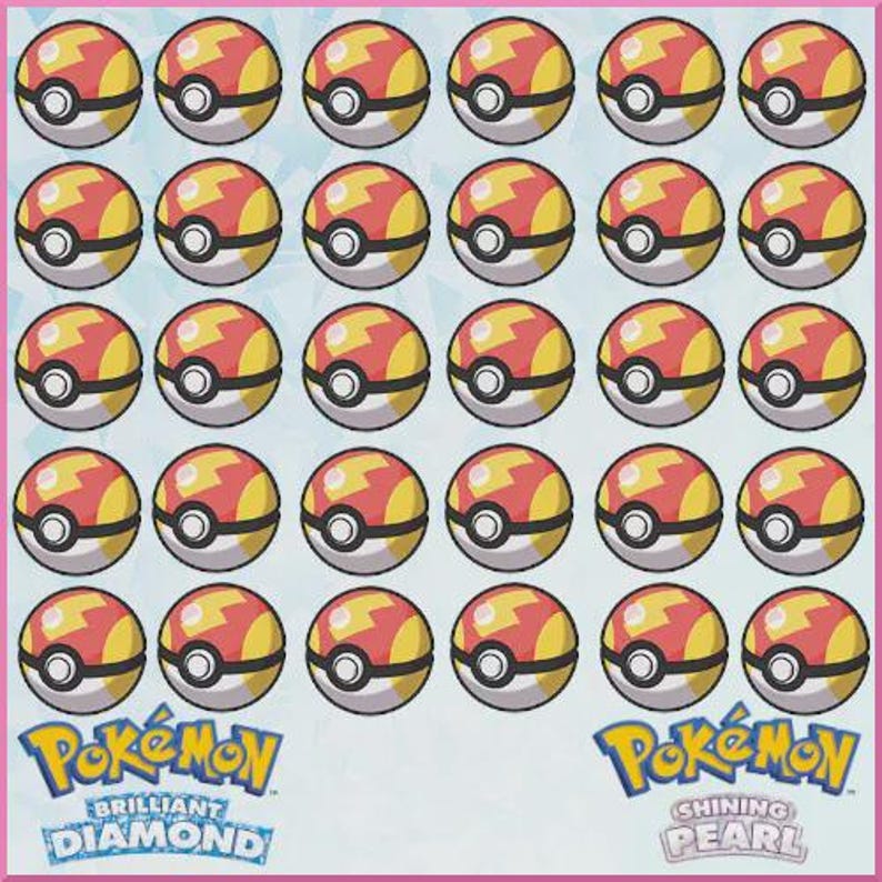 May include: A grid of 36 red, yellow, and white Pok&eacute; Balls with the text "Pok&eacute;mon Brilliant Diamond" and "Pok&eacute;mon Shining Pearl" at the bottom of the image.