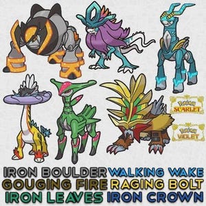 May include: Illustration of seven colorful Pokémon characters, including Iron Boulder, Walking Wake, and Raging Bolt. The image also includes text that reads "Pokémon Scarlet" and "Pokémon Violet."