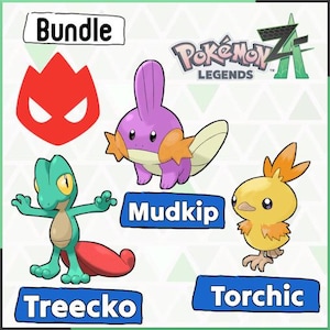 May include: A graphic featuring three Pokémon characters: Treecko, Mudkip, and Torchic. The image includes the text "Bundle" and the Pokémon Legends Z logo. Treecko is green, Mudkip is purple, and Torchic is yellow.