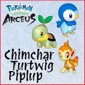 Könnte beinhalten: Bild mit dem Logo "Pokémon Legends: Arceus" und drei Pokémon-Charakteren: Chimchar, Turtwig und Piplup. Die Charaktere sind im Cartoon-Stil mit leuchtenden Farben auf hellblauem Hintergrund dargestellt.