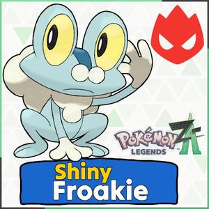 Op de afbeelding: Illustratie van een lichtblauwe Shiny Froakie met grote gele ogen en een witte borst. De afbeelding bevat de tekst "Shiny Froakie" op een blauwe banner, het logo "Pokémon Legends Z-A" en een rood embleem.