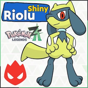 Op de afbeelding: Een cartoon illustratie van een Shiny Riolu karakter. Het karakter is voornamelijk geel met blauwe accenten, een zwart masker en rode ogen. De afbeelding bevat de tekst "Shiny Riolu" in een blauwe doos en het "Pokémon Legends" logo.
