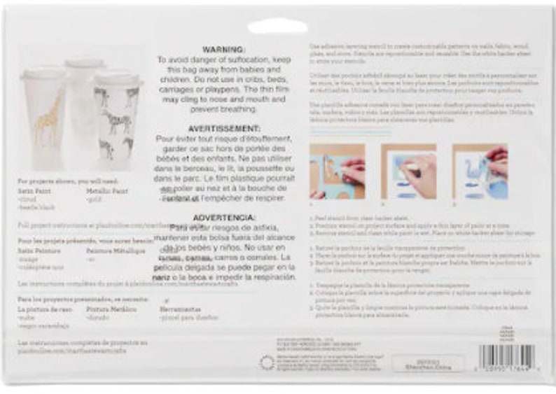May include: A sheet of peel and stick vinyl decals featuring a giraffe, zebra, and a bird design. The decals are on a white background with instructions for use in English, French, and Spanish. To avoid danger of suffocation, keep this bag away from babies and children. Do not use in beds, carriages, or playpens. The thin film may cling to nose and mouth and prevent breathing.