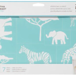 May include: A blue and white stencil sheet with 7 different safari animal designs, including an elephant, zebra, giraffe, and trees. The stencil is made of plastic and is adhesive backed. The sheet is packaged in a clear plastic sleeve with the Martha Stewart Crafts logo.