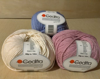 Cotton Merino Worsted Weight Luxury Yarn by Gedifra 50g 100m Cream Blue Pink for baby blankets hats