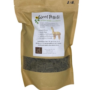 May include: A brown paper bag labeled "Wool Pellets" for gardens, containing dark green pellets. The bag has text detailing the product's benefits, including retaining water and repelling slugs. It weighs 2 lbs.