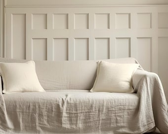 Linen Couch Cover Natural Sofa Slipcover, Washable Furniture Protector, European Linen Blanket Throw, Custom Beige Couch Cover