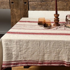 French stripe linen tablecloth, heavy linen ticking table cloth, natural linen rustic table set,  linen table cover, striped table linens
