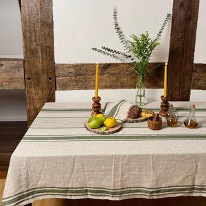Striped Linen Tablecloth – Natural Flax Table Cover, French Style Farmhouse Look – Custom Rectangular Sizes for Rustic Dining Tables