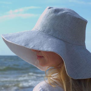 Linen summer hat, wide brim hat for women, handmade natural linen bucket hat, elegant white linen sun panama hat