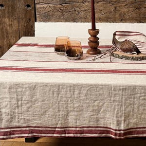 French stripe linen tablecloth, heavy linen ticking table cloth, natural linen rustic table set,  linen table cover, striped table linens