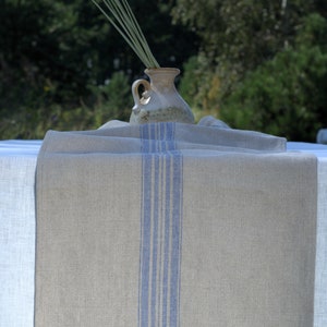 Runner da tavola in lino stile fattoria, decorazioni da tavolo a righe blu, centrotavola in lino naturale pesante, runner lungo in lino personalizzato