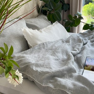 Gray Linen Duvet Cover Set – Natural Stonewashed Flax Bedding with 2 Pillowcases, Organic Farmhouse Style, Queen King Sizes