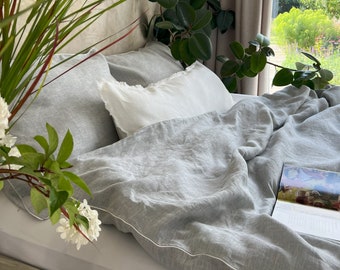 Gray Linen Duvet Cover Set – Natural Stonewashed Flax Bedding with 2 Pillowcases, Organic Farmhouse Style, Queen King Sizes