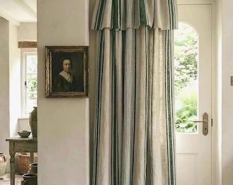 Cortinas de lino a rayas con cenefa, cortinas de estilo rústico para puertas, tratamiento de ventanas de lino natural, cortina con volantes de estilo francés.