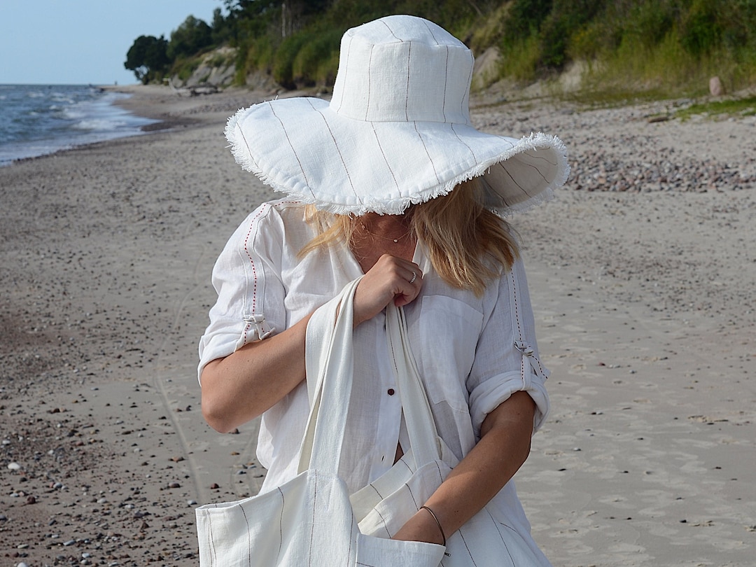 Cappello in lino bianco da donna Cappello da sole a tesa larga