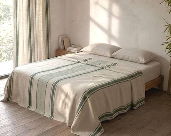 Striped Linen Bedspread Queen King – Farmhouse Bedding Cover, Organic Summer Blanket, French Country Throw for Bedroom
