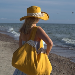 Boho Leinen Einkaufstasche - Faltbare handgemachte umweltfreundliche Sommertasche - Große Strandurlaubstasche für Frauen - Bio-Umhängetasche