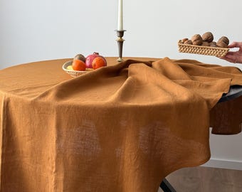 Round Linen Tablecloth – Washed Flax Linen Table Cover – Custom Size Natural Linen Tablecloth for Wedding, Holiday or Daily Dining