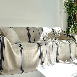 Heavyweight Blue Stripe Linen Couch Cover – Custom Size Sofa Slipcover, Natural Linen Sofa Protector, Organic Throw
