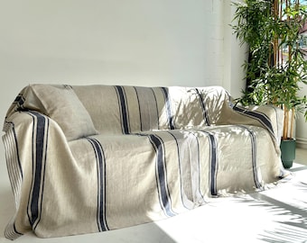 Heavyweight Blue Stripe Linen Couch Cover – Custom Size Sofa Slipcover, Natural Linen Sofa Protector, Organic Throw
