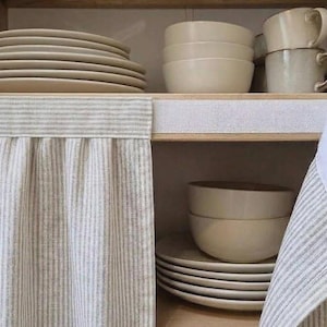 Linen Cabinet Curtain, Kitchen Cupboard Curtain Panel, Under Sink Skirt, Removable Hook and Loop Cabinet Cover