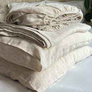 Linnen lakenset – zachte gewassen vlas lakens met diepe zak, hoeslaken en laken, queen size bedden, natuurlijk linnen beddengoed