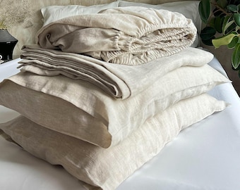 Reines Leinenlaken-Set - gewaschene Flachslaken mit tiefer Tasche, Spannbettlaken, Queen-King-Size, natürliche Leinenbettwäsche