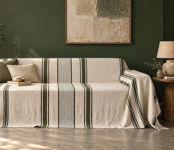Sofabezug aus Leinen – Sofaüberzug im französischen Stil, gestreifte Leinen-Überwurfdecke, waschbarer Sofaschutz aus Naturleinen