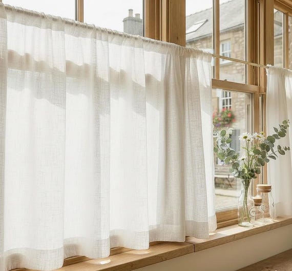 Linen Cafe Curtains, White Rod Pocket  Panel, Sheer Linen Window Curtains, Custom Kitchen Curtain