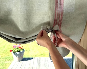 Linen Tie Up Curtain - Striped Beige Panels, Heavy Linen Window Valance, Natural Linen Doorway Curtain, Kitchen Tie Top Drapes