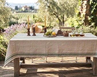 French Stripe Linen Tablecloth, Natural Linen Table Cover, Cottagecore Dining Decor
