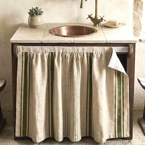 Faldón de lino a rayas para lavabo, cortina de velcro a medida para armario, faldón para debajo de la encimera del baño, cortina para armario, cortina para unidad de almacenamiento con cierre de velcro