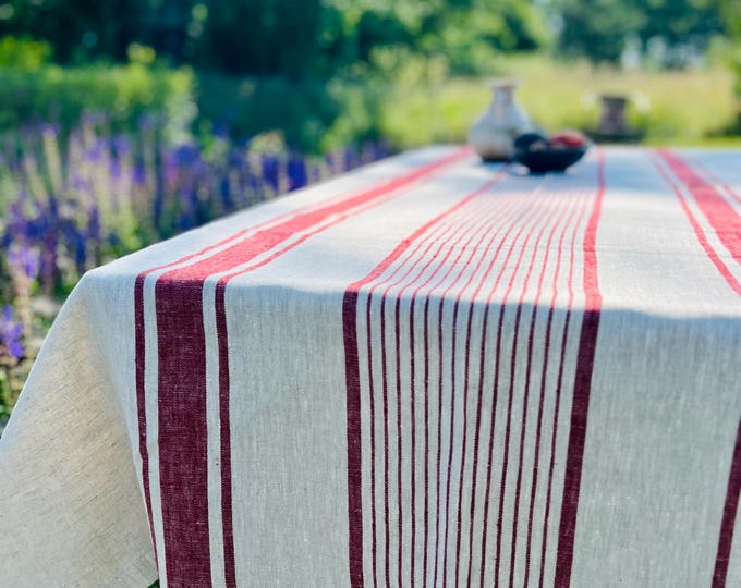 French country linen tablecloth, heavy linen ticking table cloth, natural linen rustic table set, striped table cover