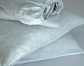 Juego de sábanas de lino gris: sábana ajustable y plana con 2 fundas de almohada, sábanas de lino orgánico personalizadas, tamaños Queen/King