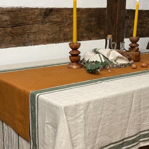 French Country Style Linen Tablecloth – Striped Natural Linen Table Cover, Custom Size Rustic Dining Linen for Cottage Homes