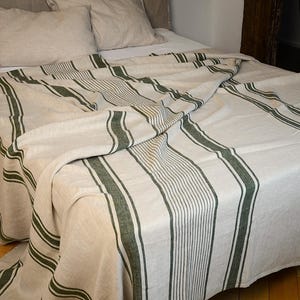 Striped Linen Bedspread Queen King – Farmhouse Bed Cover Soft Organic Summer Blanket, French Cottage Throw Blanket for Bedroom