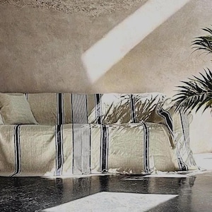 French Style Slipcover Natural Linen Sofa Protector – Striped Couch Cover, Washable Custom Size Sofa Linen Blanket Throw