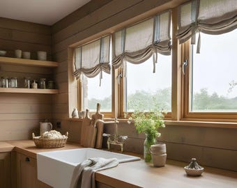 Linen Tie Up Curtain with Blue Stripes – Kitchen Curtains, Heavy Linen Blinds, Country Style Window Shade