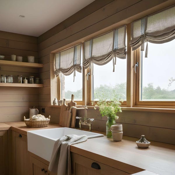 Linen Tie Up Curtain with Blue Stripes – Heavy Linen Blinds, Country Style Window Shade