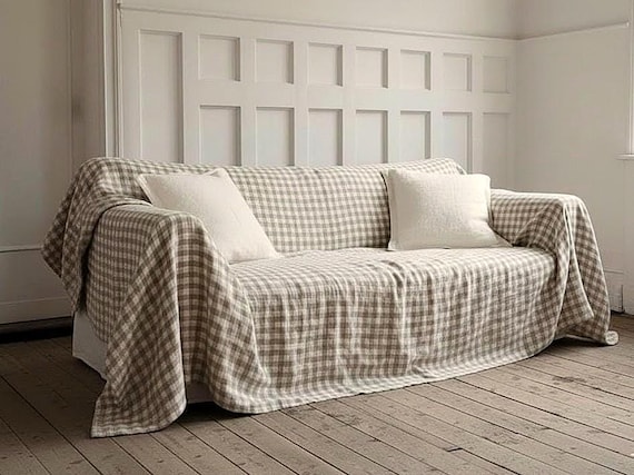 Gingham Leinen Überwurf für Sofa - Natürlicher Couch Überwurf - Bio Leinen Möbelschutz